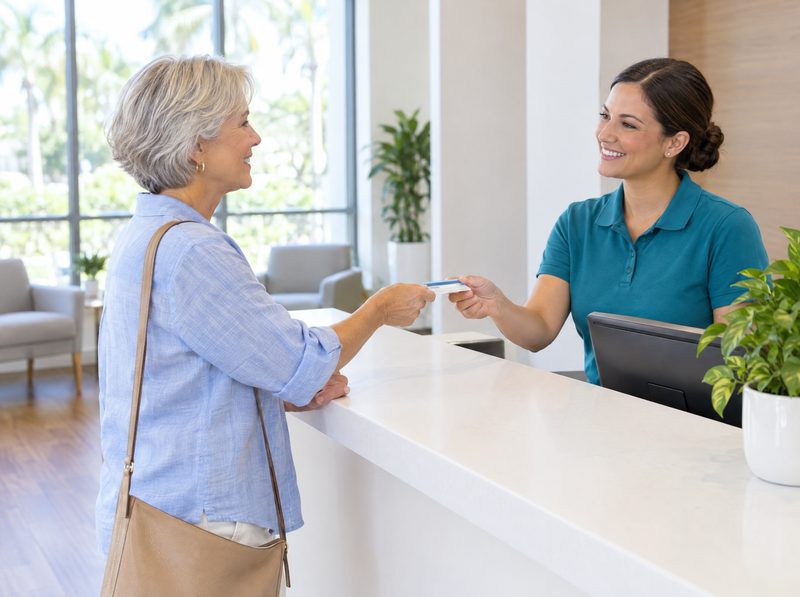 A patient handing her insurance card to a receptionist at a bright front desk